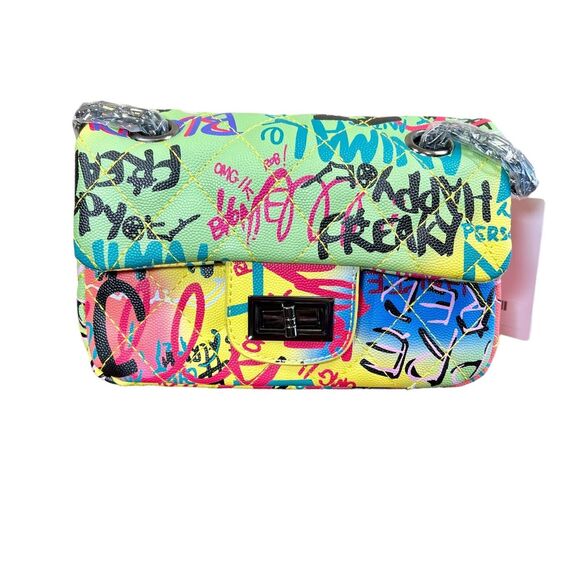 Purse graffiti detail quilt Twist Lock Open Closure Chain Shoulder Strap hip-hop - Picture 1 of 13